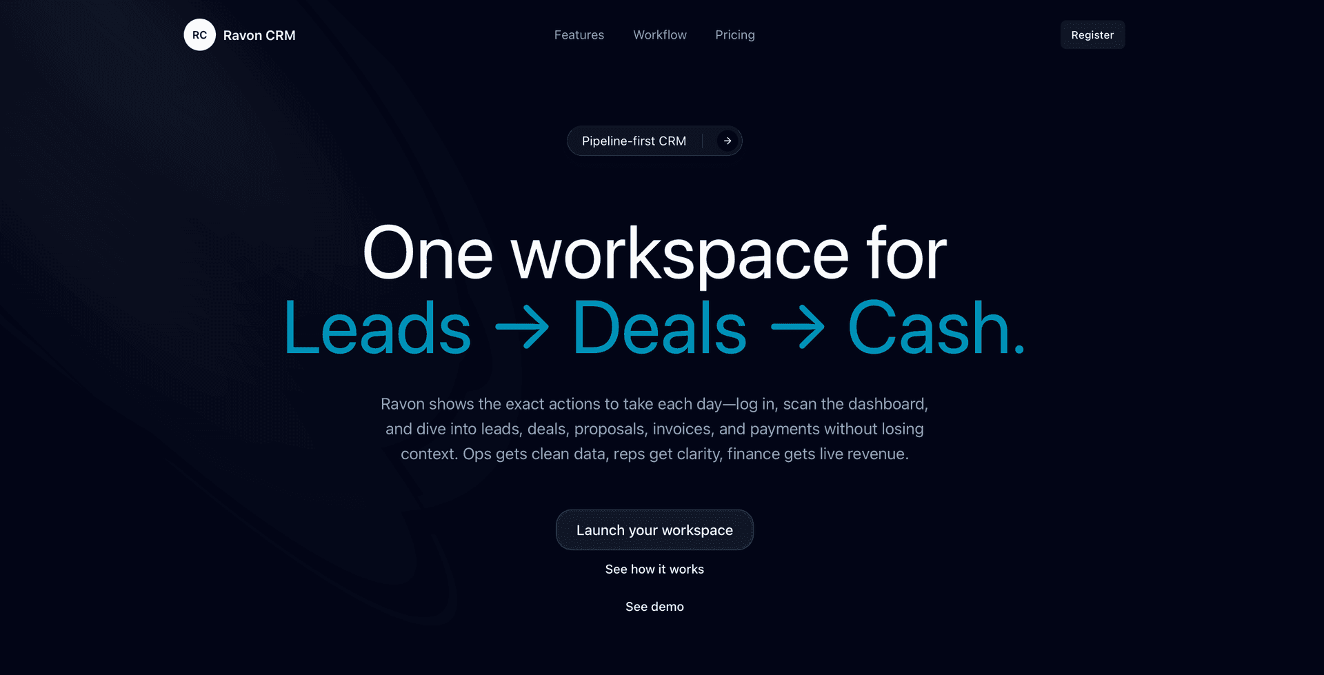 RavonCRM dashboard showing pipeline, active deals, and revenue KPIs